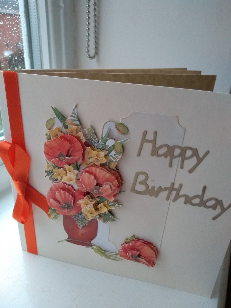 Orange flowers decoupage birthday card