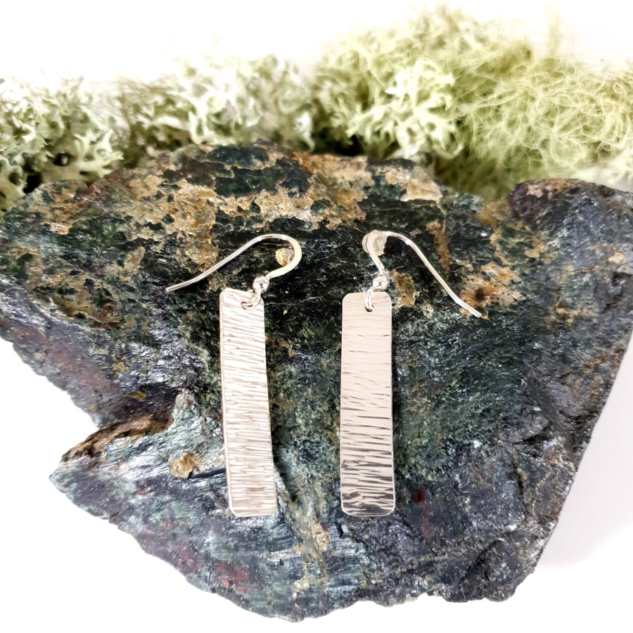 Linear Bar Sterling Silver Drop Earrings Bark Texture -Free UK PP