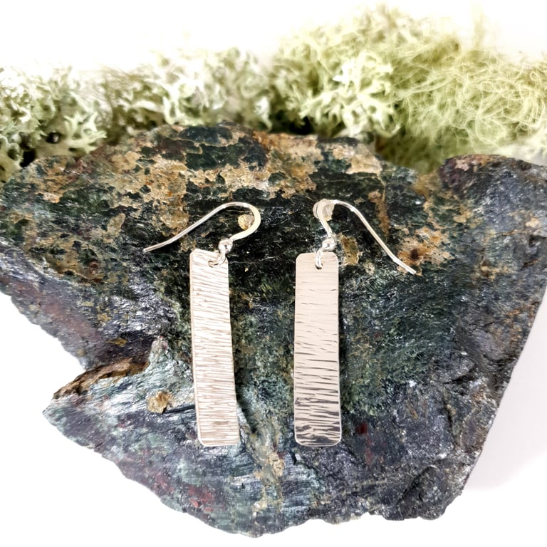 Linear Bar Sterling Silver Drop Earrings Bark Texture -Free UK PP