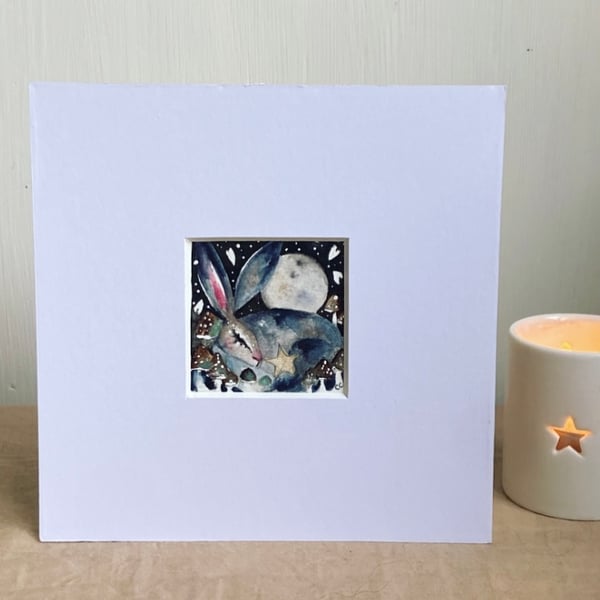 Mounted Original Resting Hare Rabbit under the Moon Watercolour 