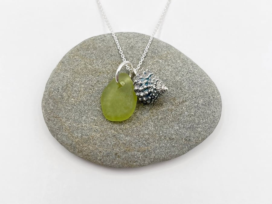 Cornish Sea Glass and Silver Coated Strawberry Top Shell Necklace - Pale Lime