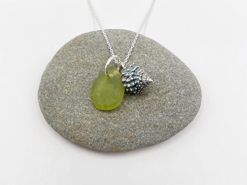 Cornish Sea Glass and Silver Coated Strawberry Top Shell Necklace - Pale Lime