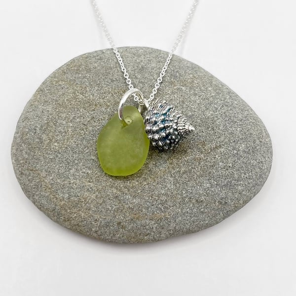 Cornish Sea Glass and Silver Coated Strawberry Top Shell Necklace - Pale Lime