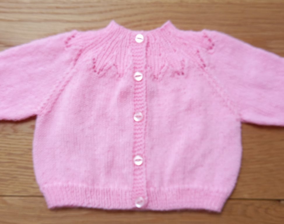 Handknitted pink baby cardigan, approx 0-3 months, to fit a 16" chest