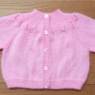 Handknitted pink baby cardigan, approx 0-3 months, to fit a 16" chest
