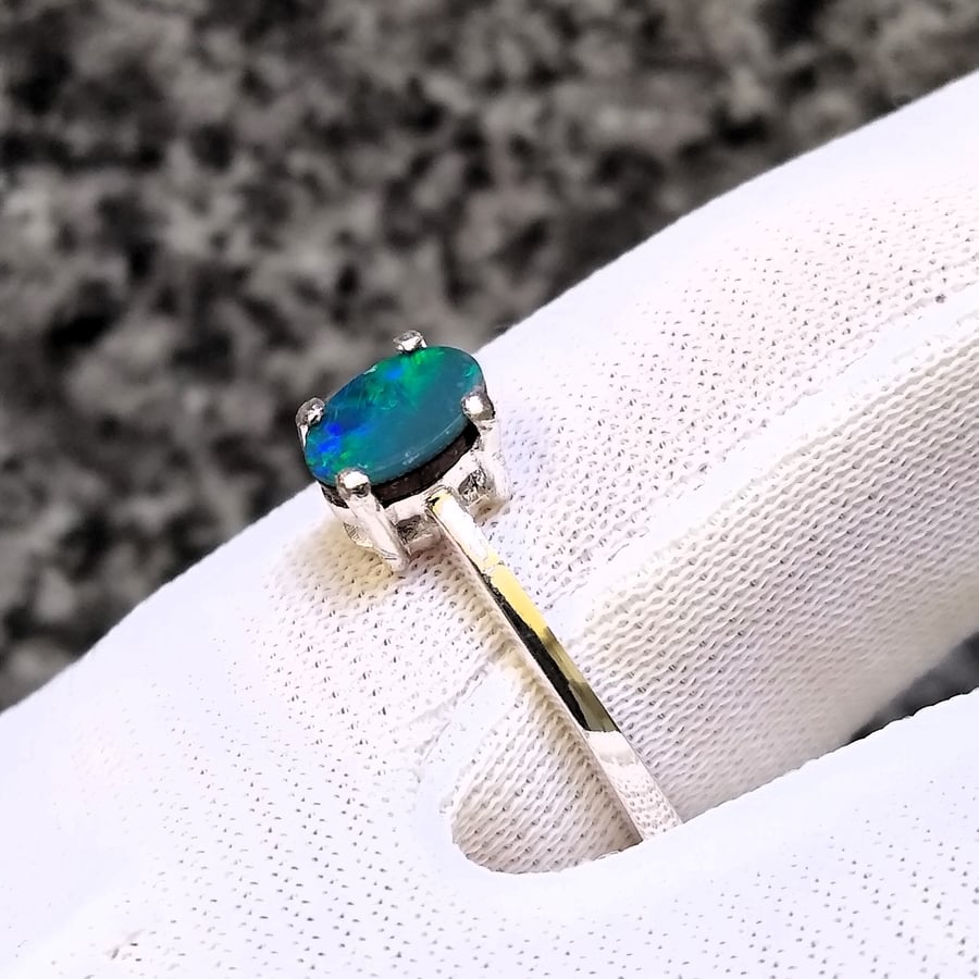 Blue Australian Crystal Opal On Ironstone 925 Sterling Silver Ring Size P-Q 56.5