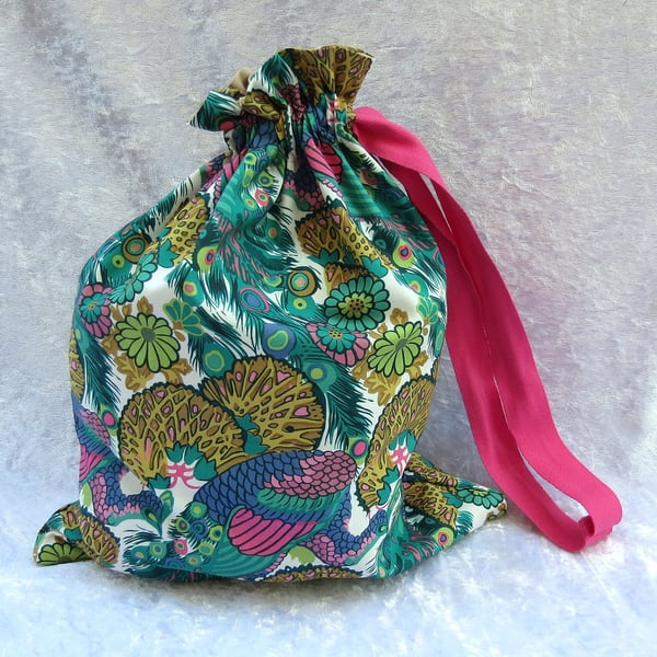 Drawstring bag, organic Liberty Tana Lawn, peacock, 34cm, lined bag