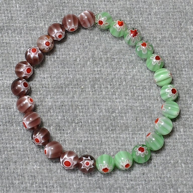 Pale Green and Purple Millefiori Bead Elastic Half and Half Bracelet