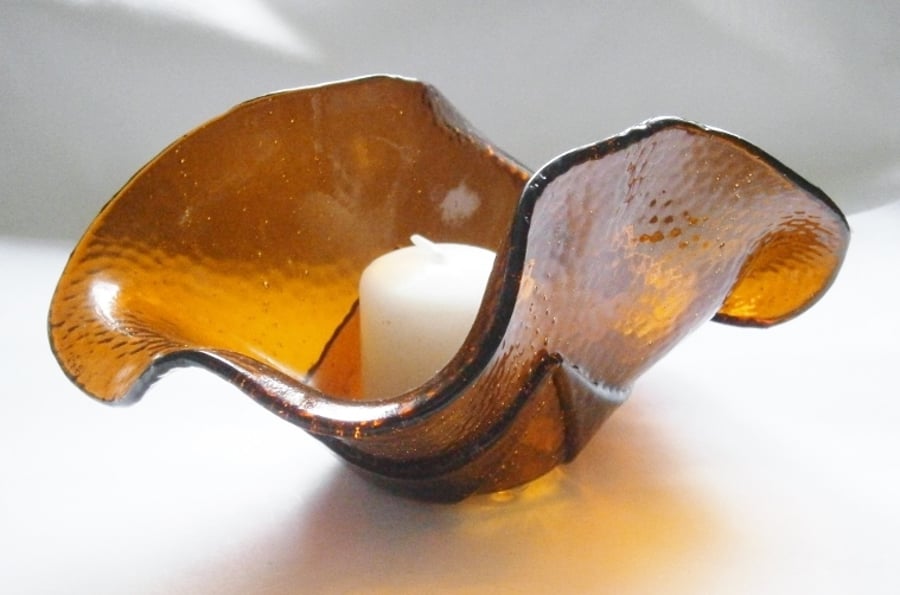 Fused glass candle holder in bronzey brown textured glass