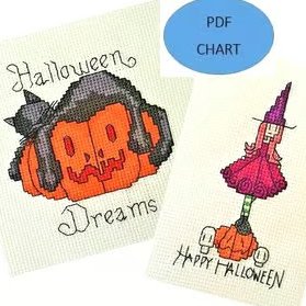 Halloween Cat and Witch cross stitch patterns set of 2 (Digital Download) PDF