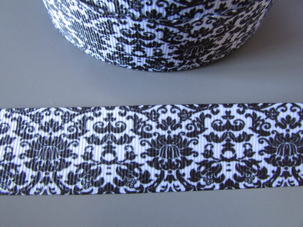 Black and White Damask 2.5cm Grosgrain Ribbon x 1 metre