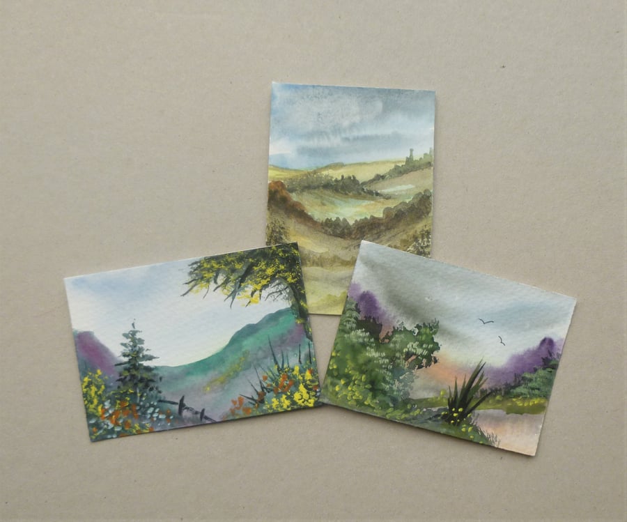 Beautiful Bundle of 3  hand painted watercolour landscape aceos ( f 511.K1)