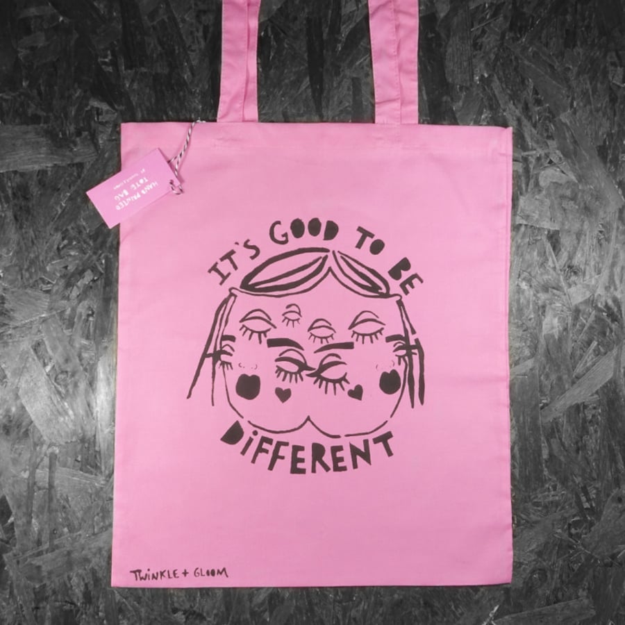 'It's good to be different' Handprinted Tote Bag (pink)