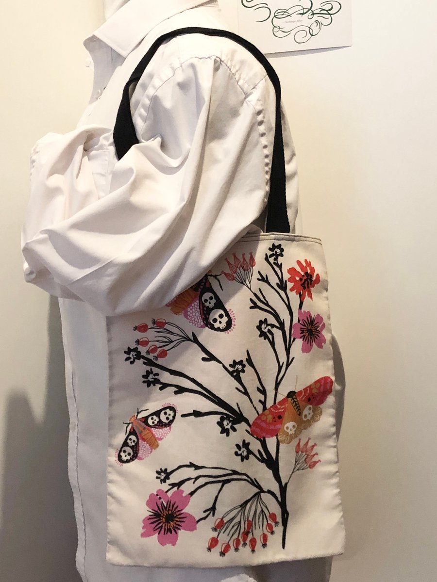 Flowers and Skull Moth Gothic Tote Book Bag 