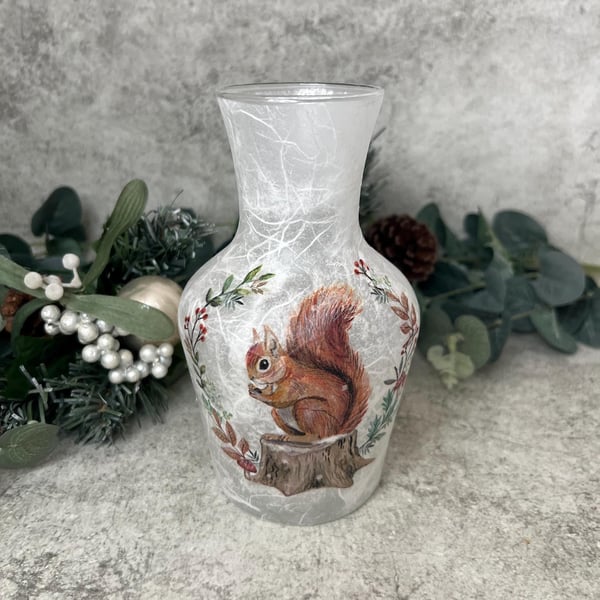 Decoupage Glass Carafe Vase: Red Squirrel, Rustic home decor, Upcycled