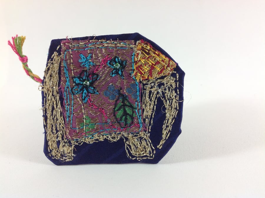 Textile Art Elephant Brooch. Purple