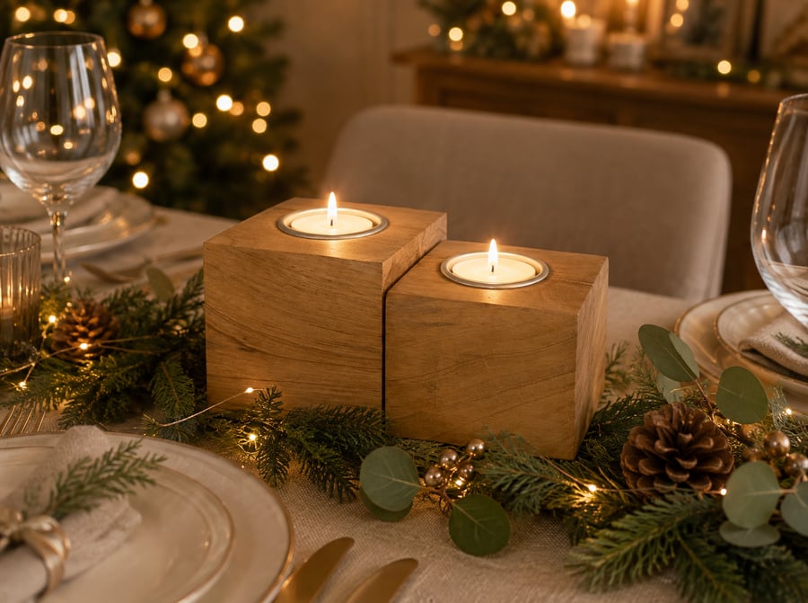 Set of 2 Wooden Tealight Holders - Upcycled Smooth Reclaimed Pallet Blocks