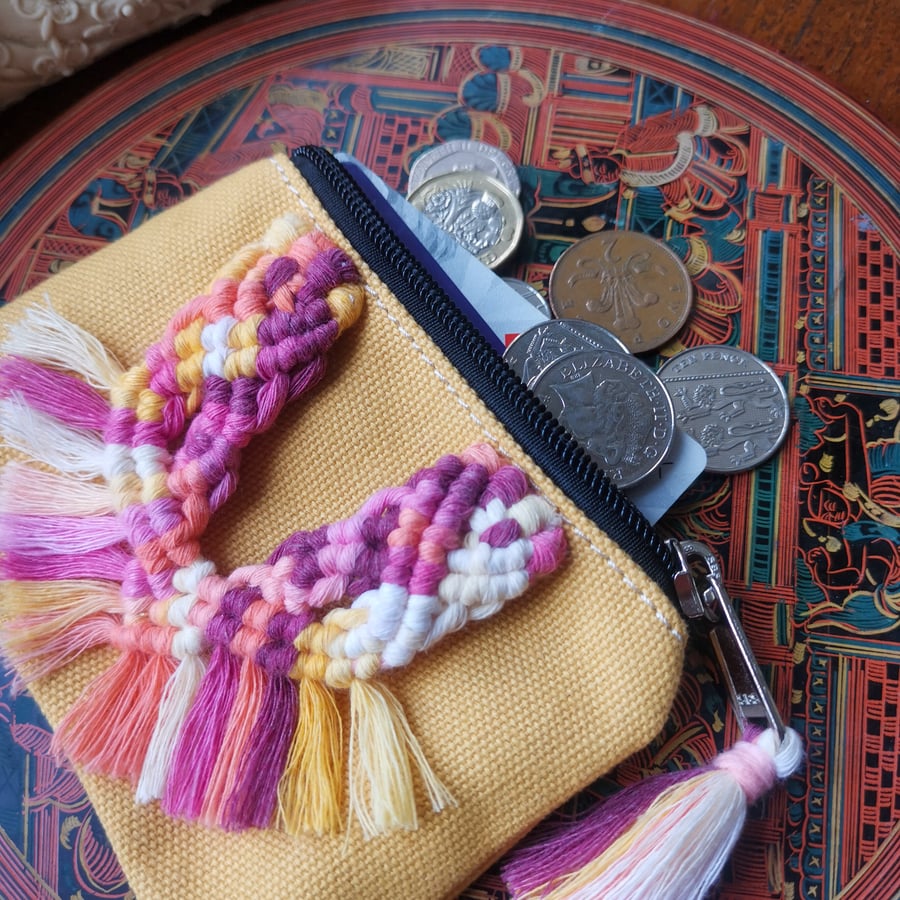 Coin purse, macrame card wallet, bright summer colour 