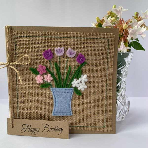 Handmade Birthday Card. Pink and lilac flowers. Keepsake card.