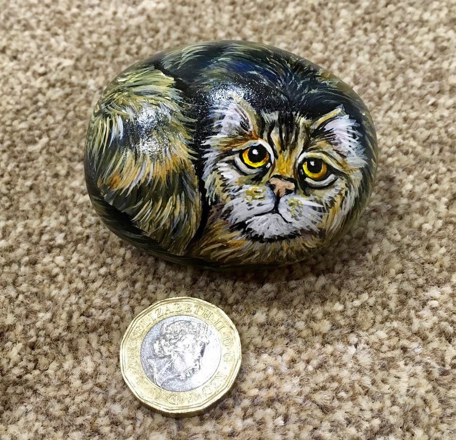 Tabby cat painted pebble garden rock art pet Portrait 