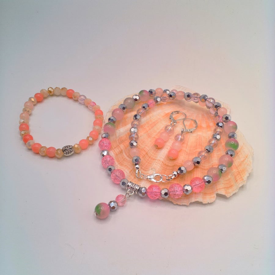 Pink and Silver Glass Bead Necklace Bracelet and Earrings, Gift for Her,Gift Set