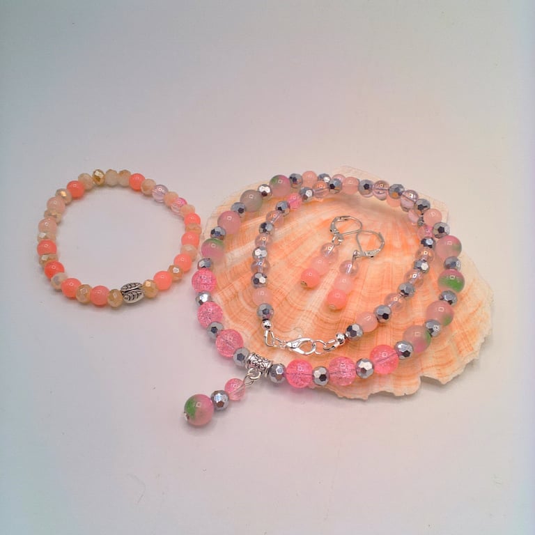 Pink and Silver Glass Bead Necklace Bracelet and Earrings, Gift for Her,Gift Set