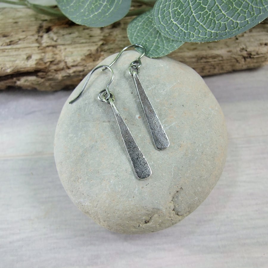 Earrings, Sterling Silver Long Elegant Teardrop Droppers Frosted Oxidised Finish