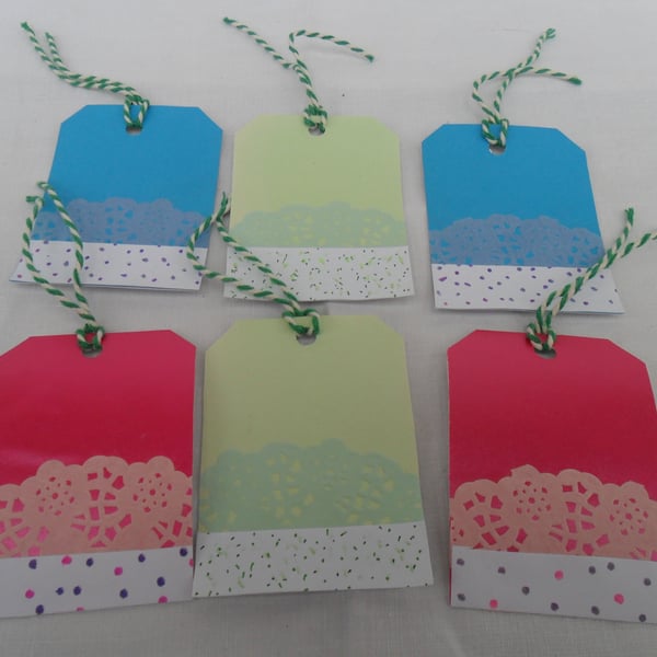 Gift tags set of six in pink, green, blue