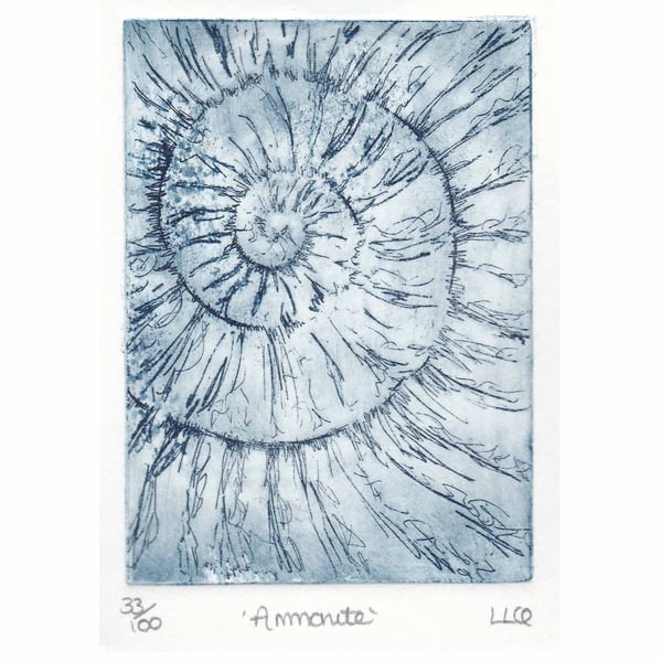 Etching no.33 of an ammonite fossil in an edition of 100