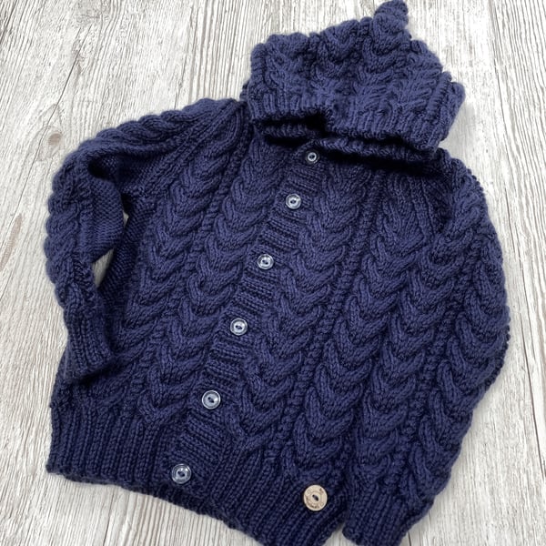 Hand knitted Boy's Aran style Hooded Cardigan to fit age 3 years