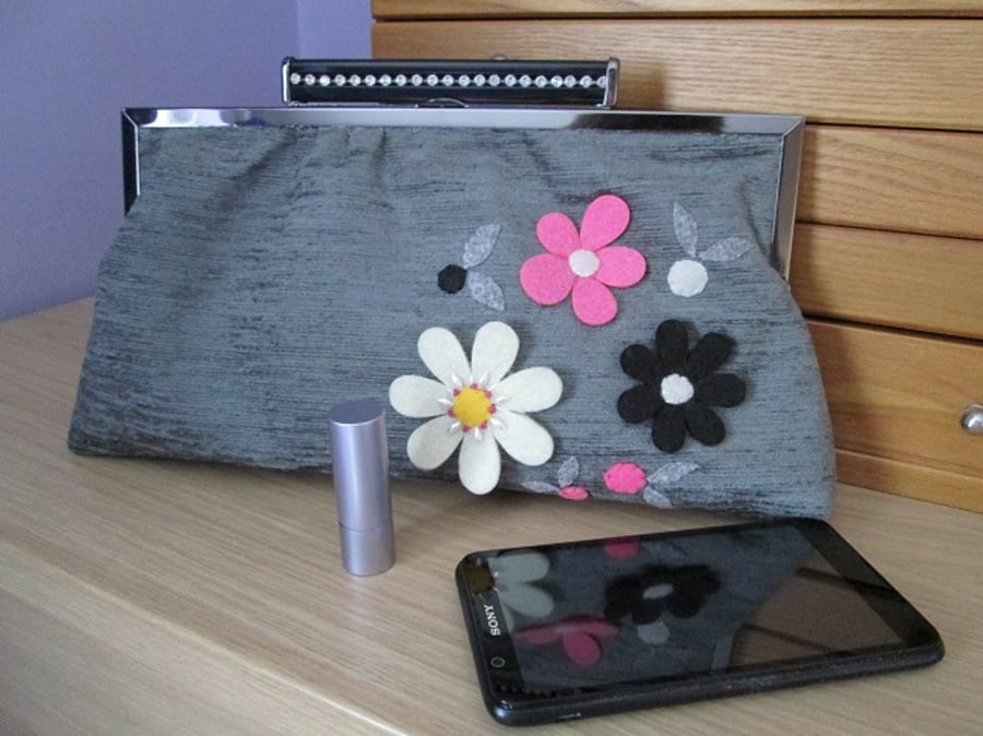 Grey Framed Clutch with Felt Flower Decoration