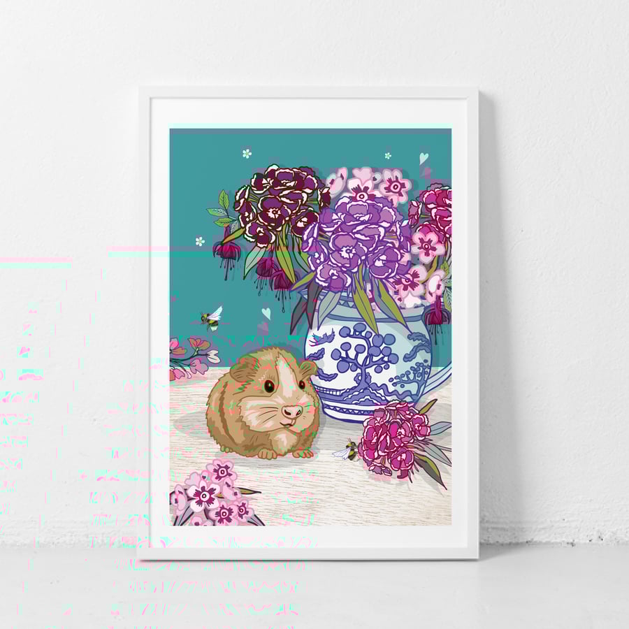Guinea Pig and Sweet Williams Wall Art Print