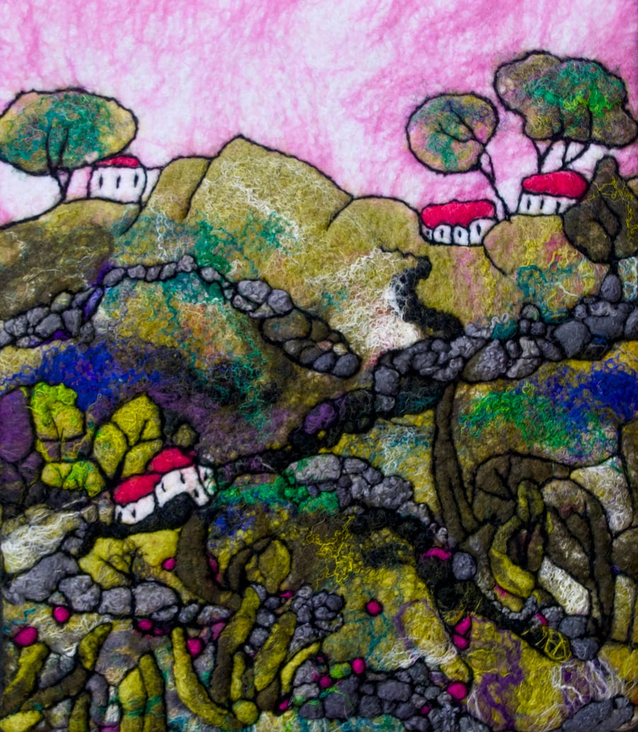 Textile Picture Pink Sunrise. Original Art 