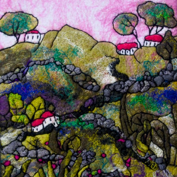 Textile Picture Pink Sunrise. Original Art 
