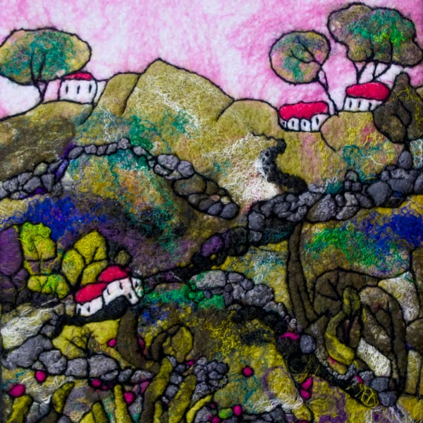 Textile Picture Pink Sunrise. Original Art 