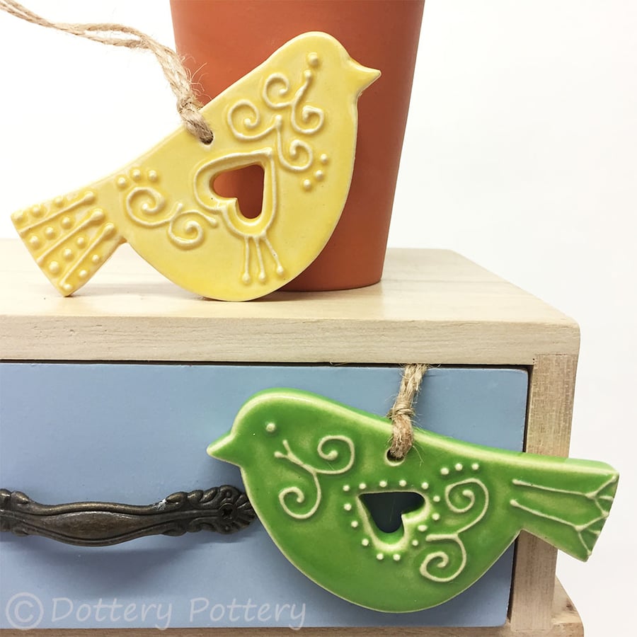 Set of two ceramic lovebird decorations folk art 