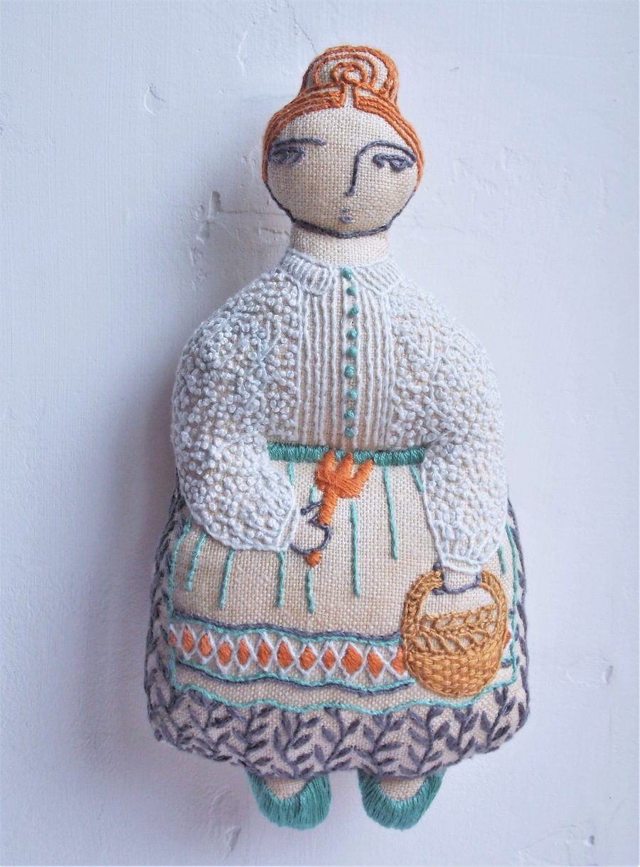 Isobel - A Hand Embroidered Textile Art Doll, Eco-friendly, Handmade - 18cms