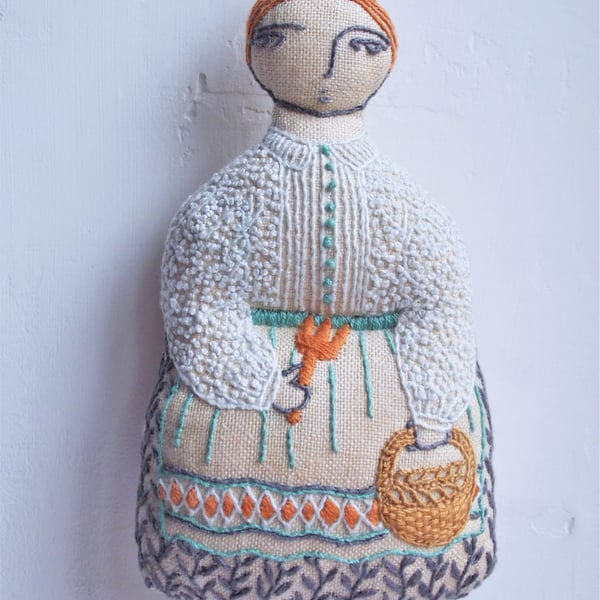 Isobel - A Hand Embroidered Textile Art Doll, Eco-friendly, Handmade - 18cms