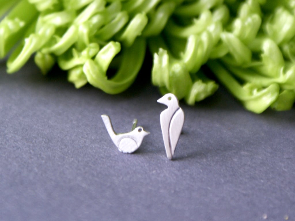 Tiny mis-matched bird stud earrings