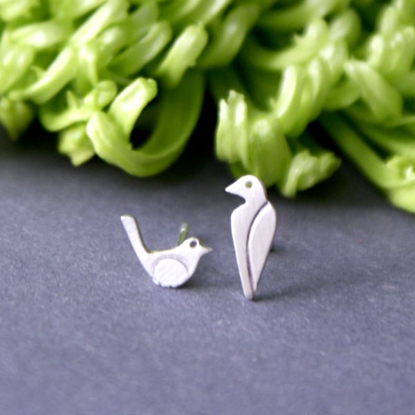 Tiny mis-matched bird stud earrings