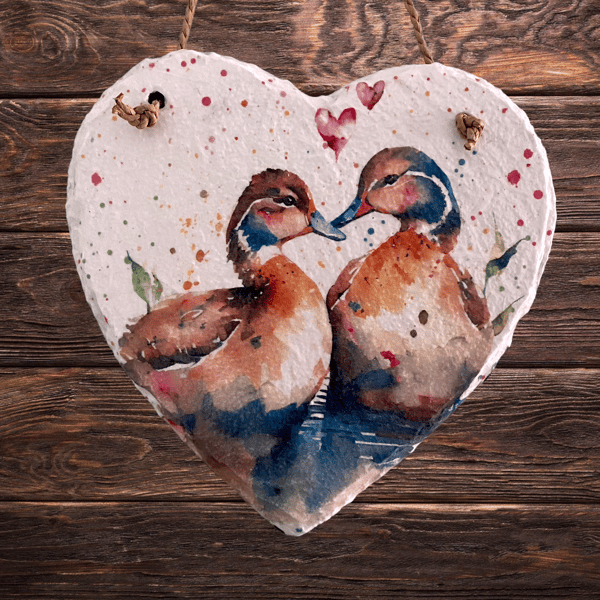 Ducks, hanging slate heart, Decoupage