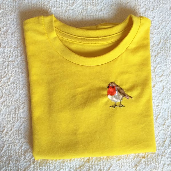 Robin T-shirt age 3-4, hand embroidered