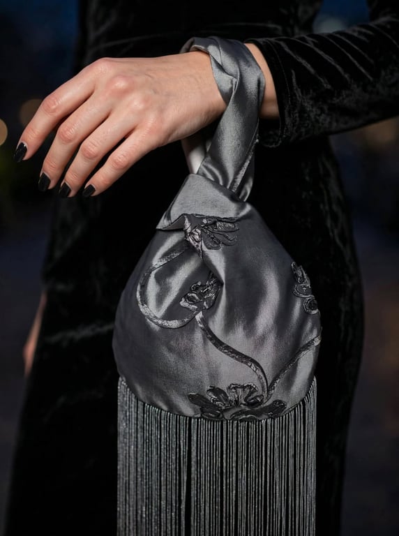 Silvery Grey satin Japanese knot bag with a floral 3D pattern and long tassels