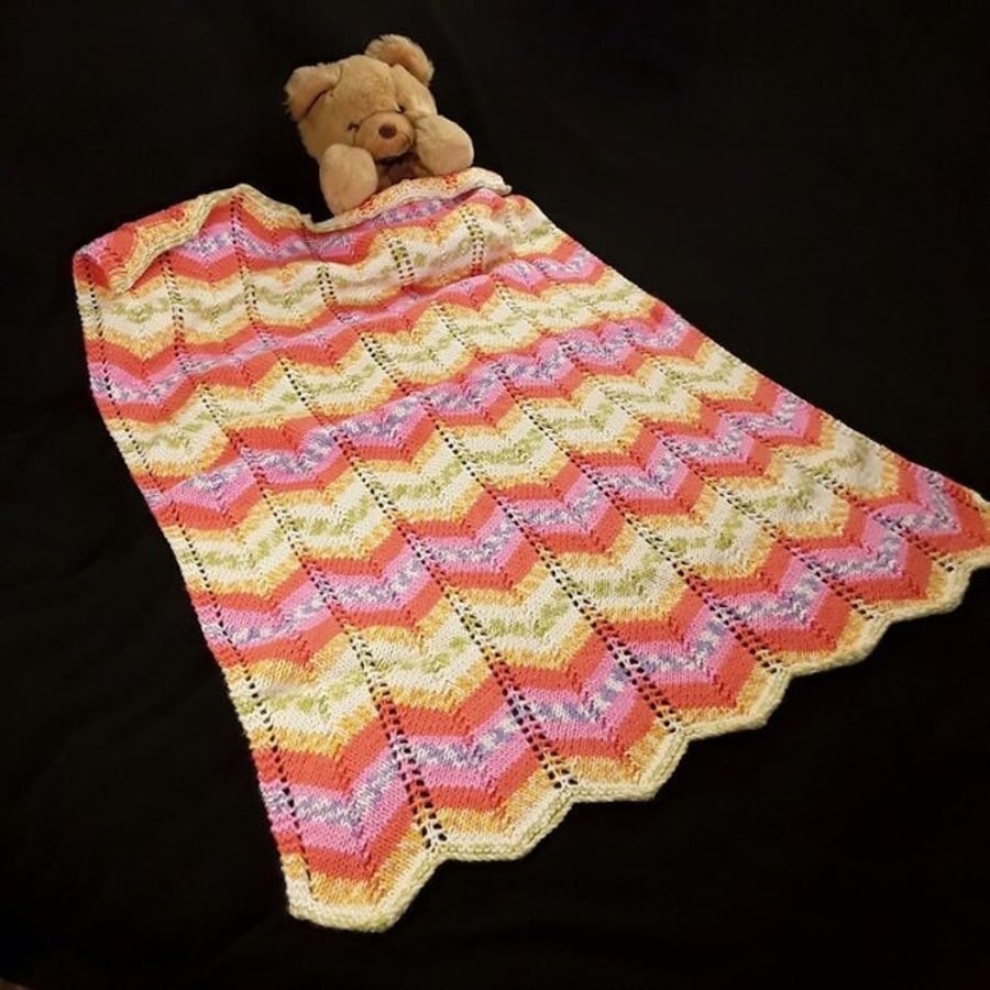Hand knitted baby pram blanket - multi colour chevron