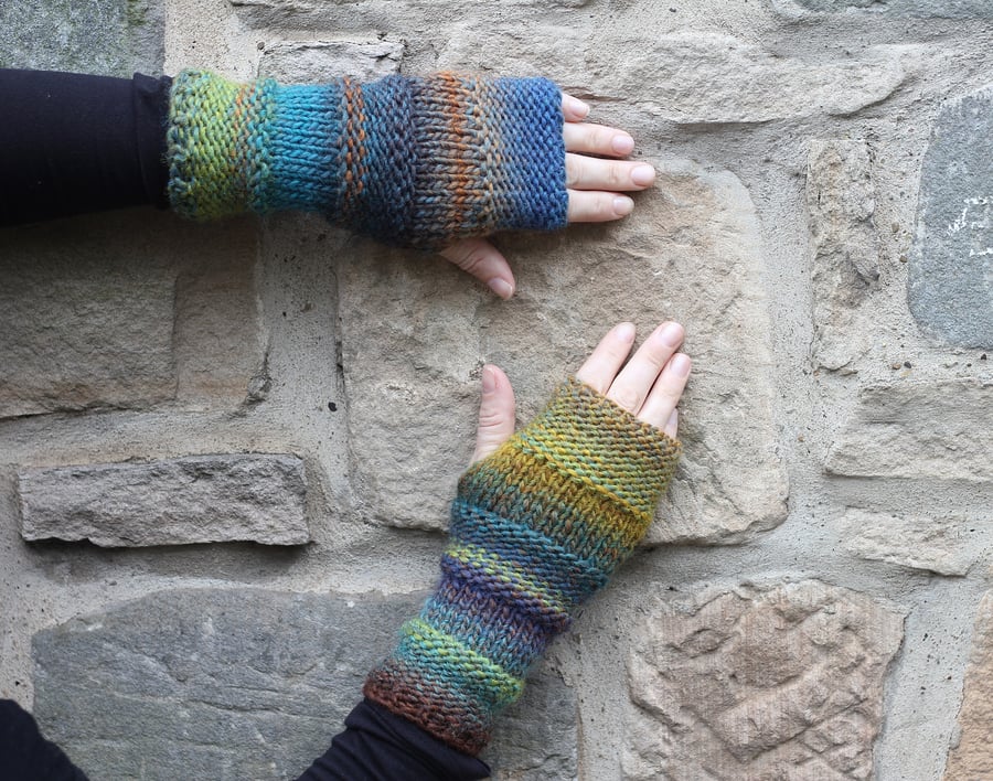 Fingerless gloves - Comfy mittens in cinnamo azure mix, knitwear UK