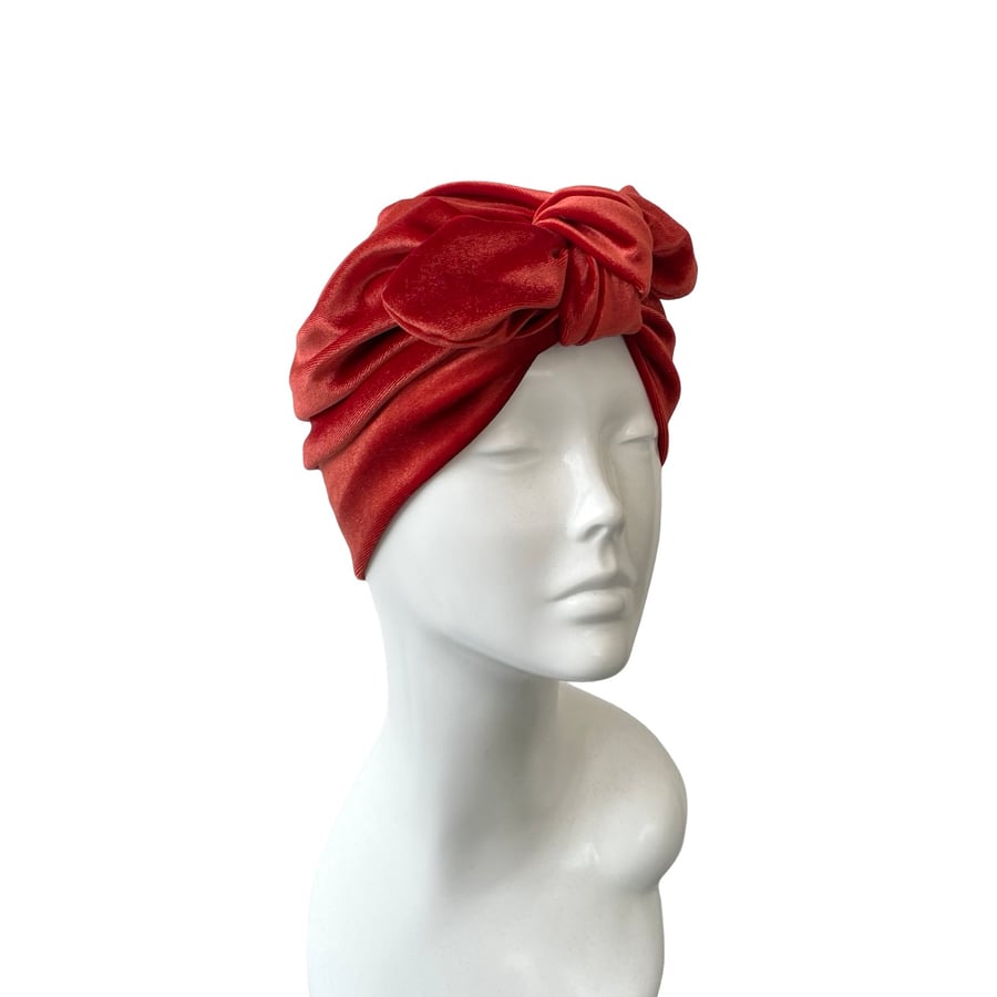 Rust Velvet Bow Turban Hat Retro Style Soft Stretchy Hair Turban for Women 