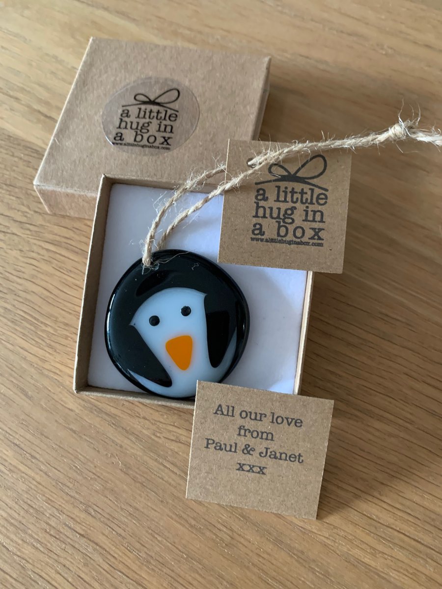 Fused glass penguin Christmas decoration or gift