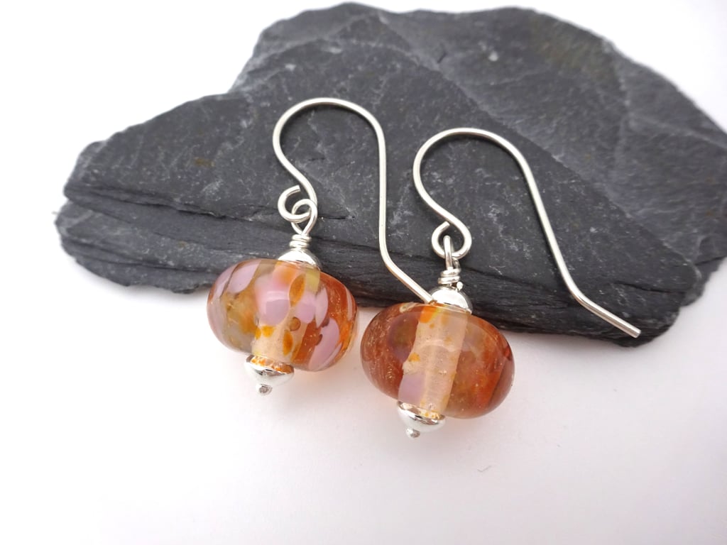 lampwork glass orange speckled earrings