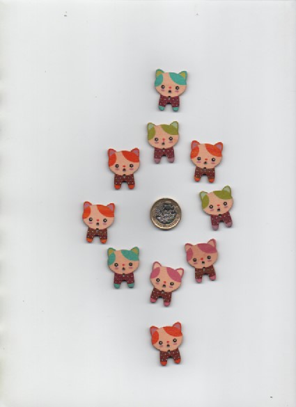 10 assorted printed KITTEN shaped wooden CRAFT BUTTONS Clearance