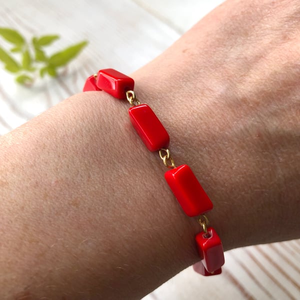 Recycled Red Coral Bracelet. Delicate Red Chain Link Bracelet.